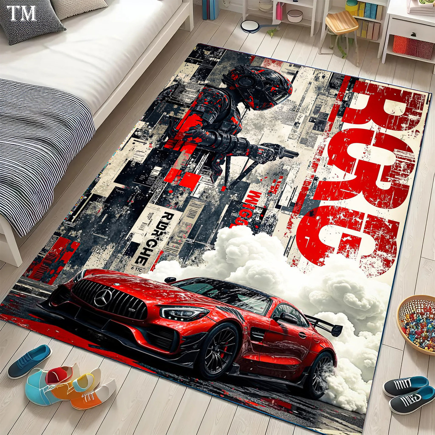 Racing Car Area Rug – Red Sports Car Gamer Room Decor