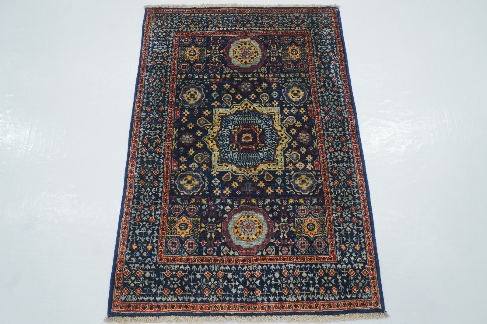 3 x 4 ft Navy Blue Mamluk Afghan Hand Knotted Wool Medallion Small Area Rug