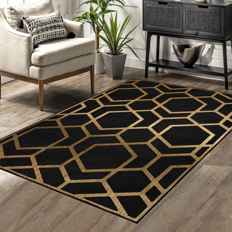 Luxury Black and Gold Area Rug with Geometric Pattern, Elegant Non-Slip Carpet f