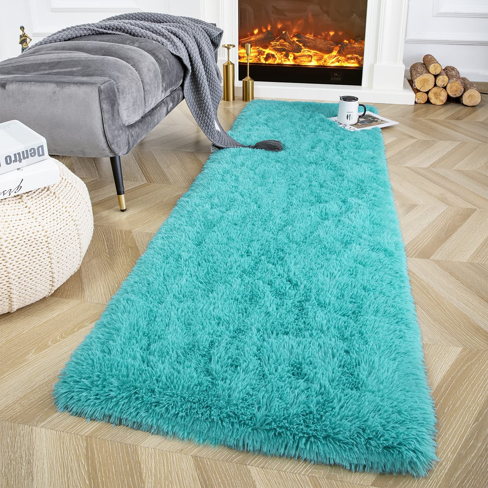 Fluffy Runner Rug 2×4 Feet Teal Blue 1.57in Long Faux Fur – Soft Shaggy Carpet