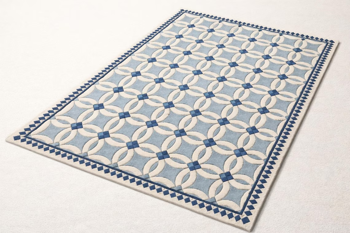 Hand Tufted Blue and Ivory Geometric Rug Modern Coastal Luxury Wool Area Rug.