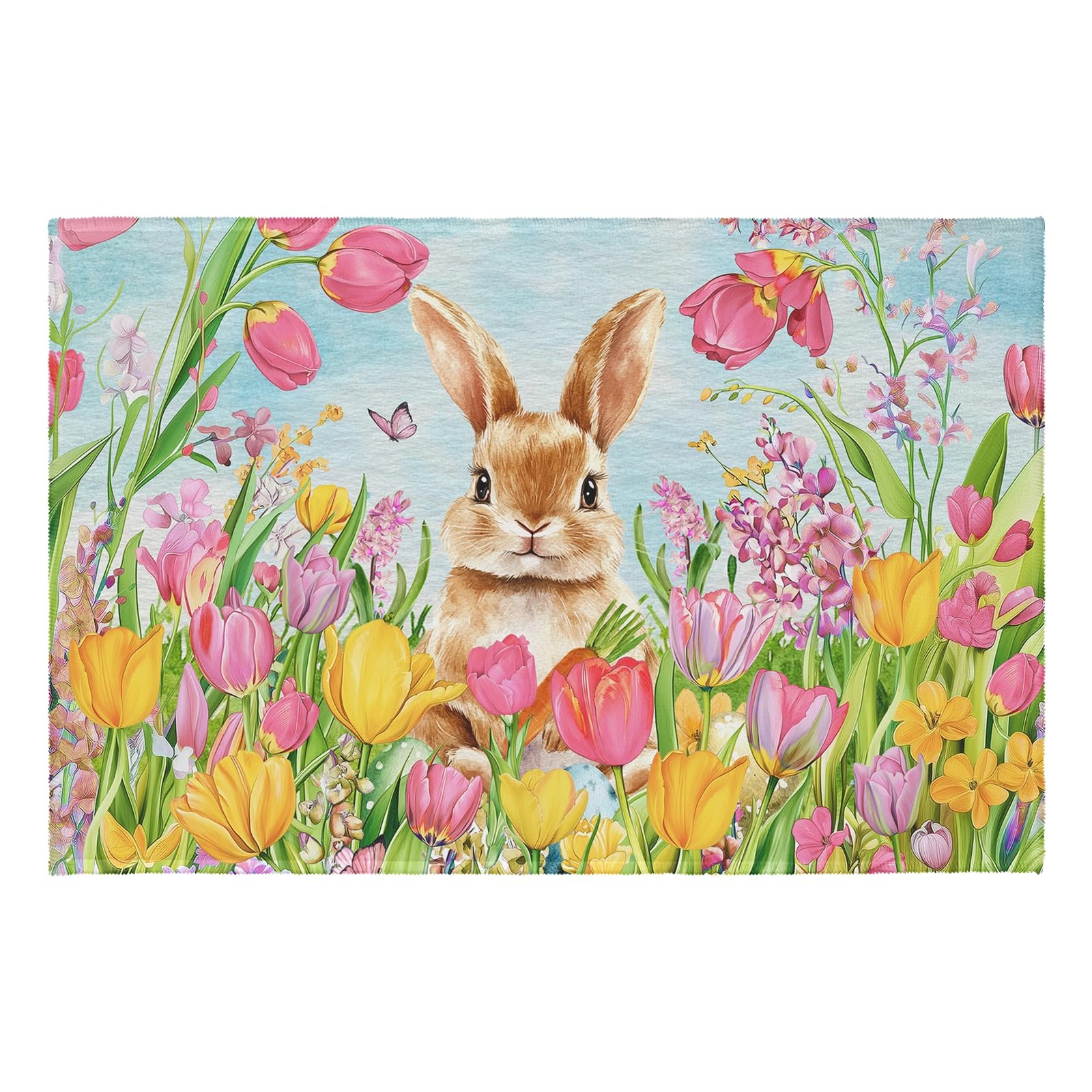 Easter Area Rug Rabbit Door Mat Spring Tulip Flower Entry Way Rug Non-Slip Ba…
