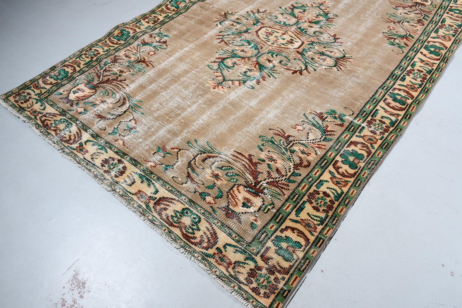 Turkish Vintage Rug, 6,2×9 ft Rug, Brown Green Bordered Wool Rug