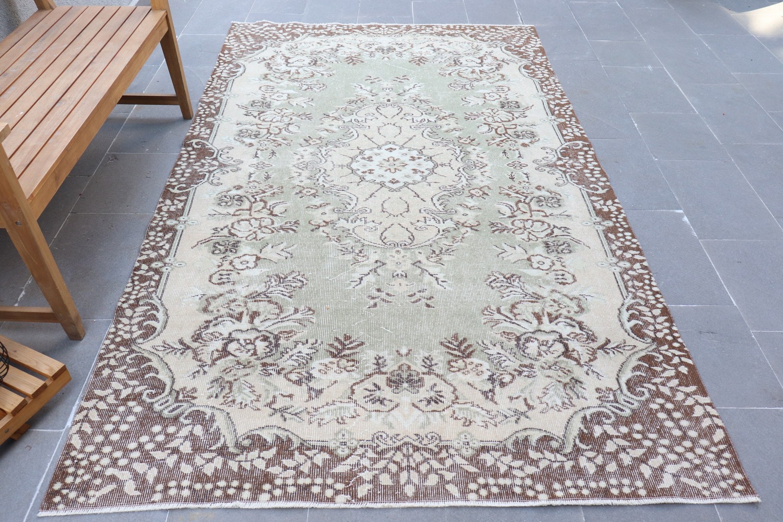 5,2×8,8 ft Large Vintage Rug, Turkish Rug, Brown White Floral Wool Rug