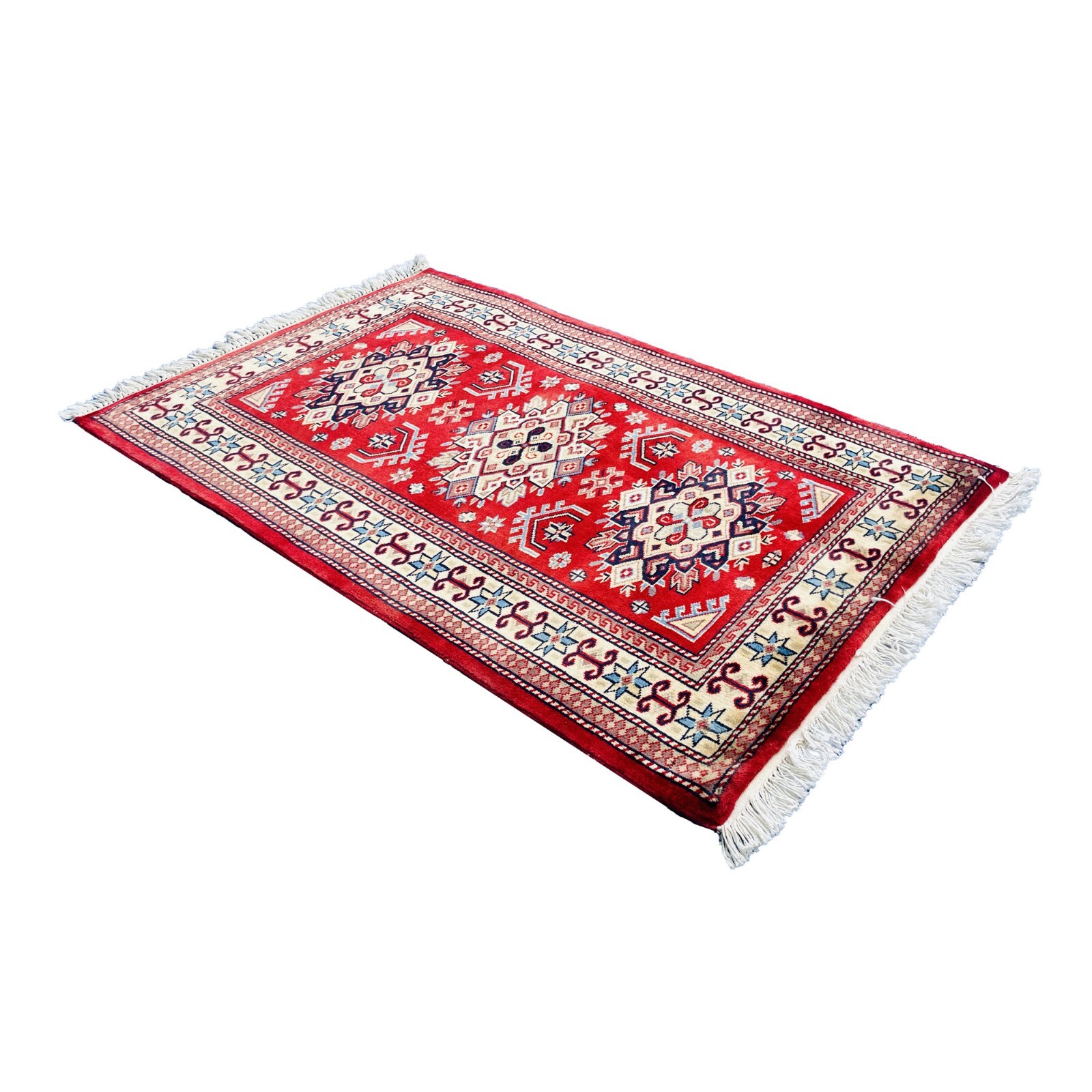 Area Rug Red Kafkazi Geometric Hand Knotted Wool Silk Indoor Carpet (4.0 x 2.7)’