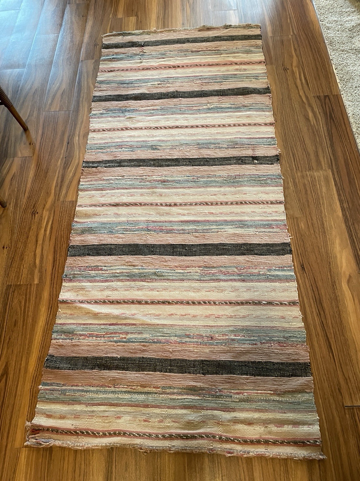 VTG Handmade Woven MCM Rag Rug 80×34 Farmhouse Country Blue Red Black Brown