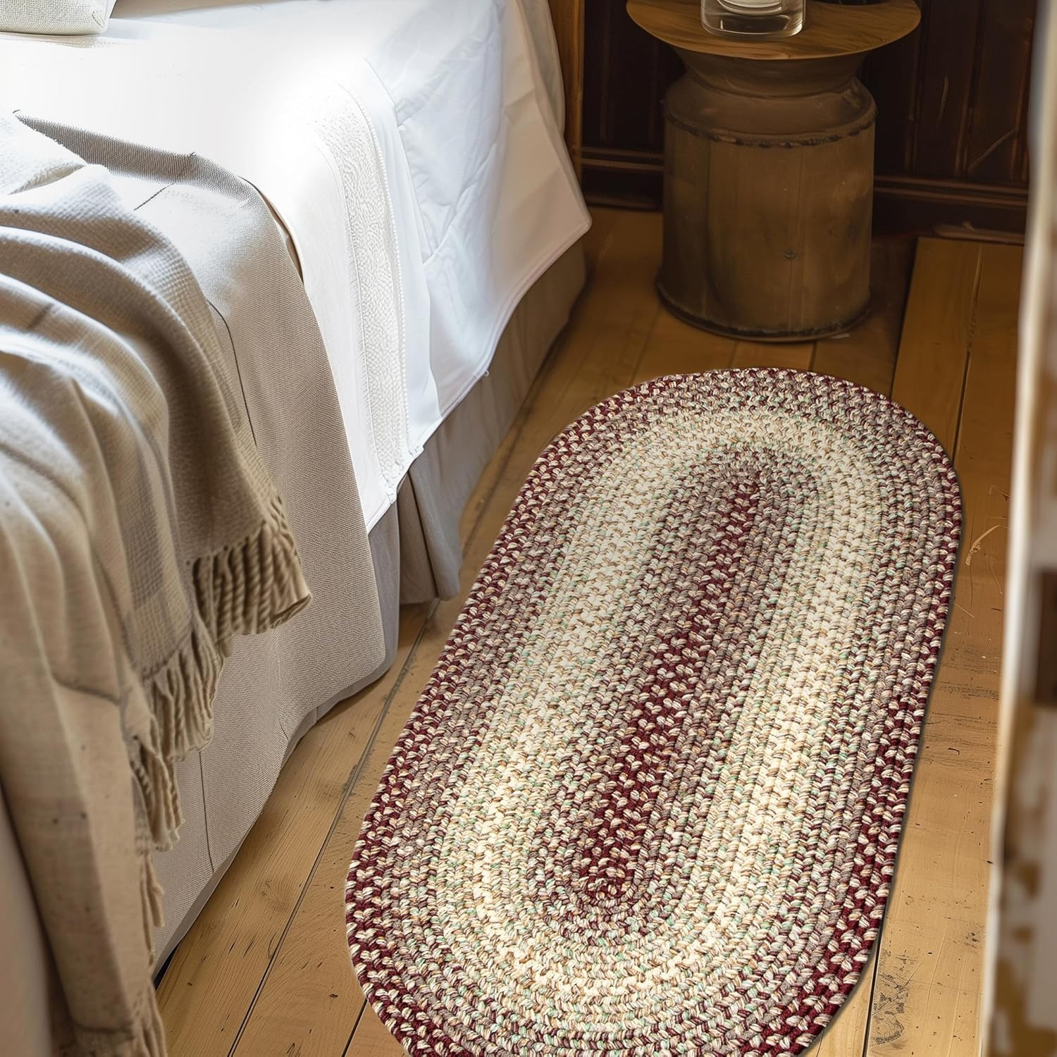 Reversible Burgundy/Beige Braided Rug – 2′ X 4′ Oval Runner, Made in USA