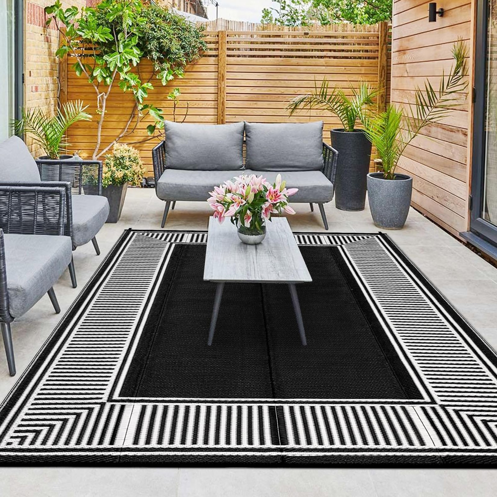 Outdoor Reversible White Black Rugs 9×12 Ft For Patios Deck Clearance Waterproof