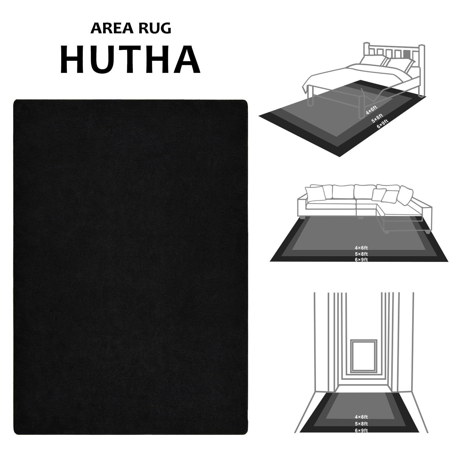4×6 Black Memory-Foam Washable Area Rug for Bedroom Living Room | Solid