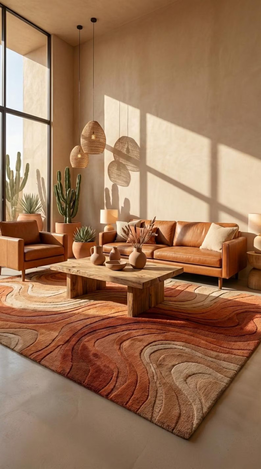Hand Tufted Abstract Rug, Mid Century Modern Terracotta Wool Carpet, Organic