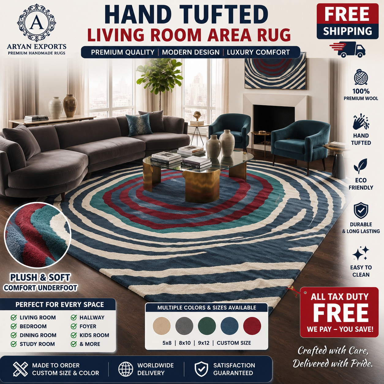 4×6 Blue Hand Tufted Wool Abstract Area Rug Modern Designer Carpet Custom Size