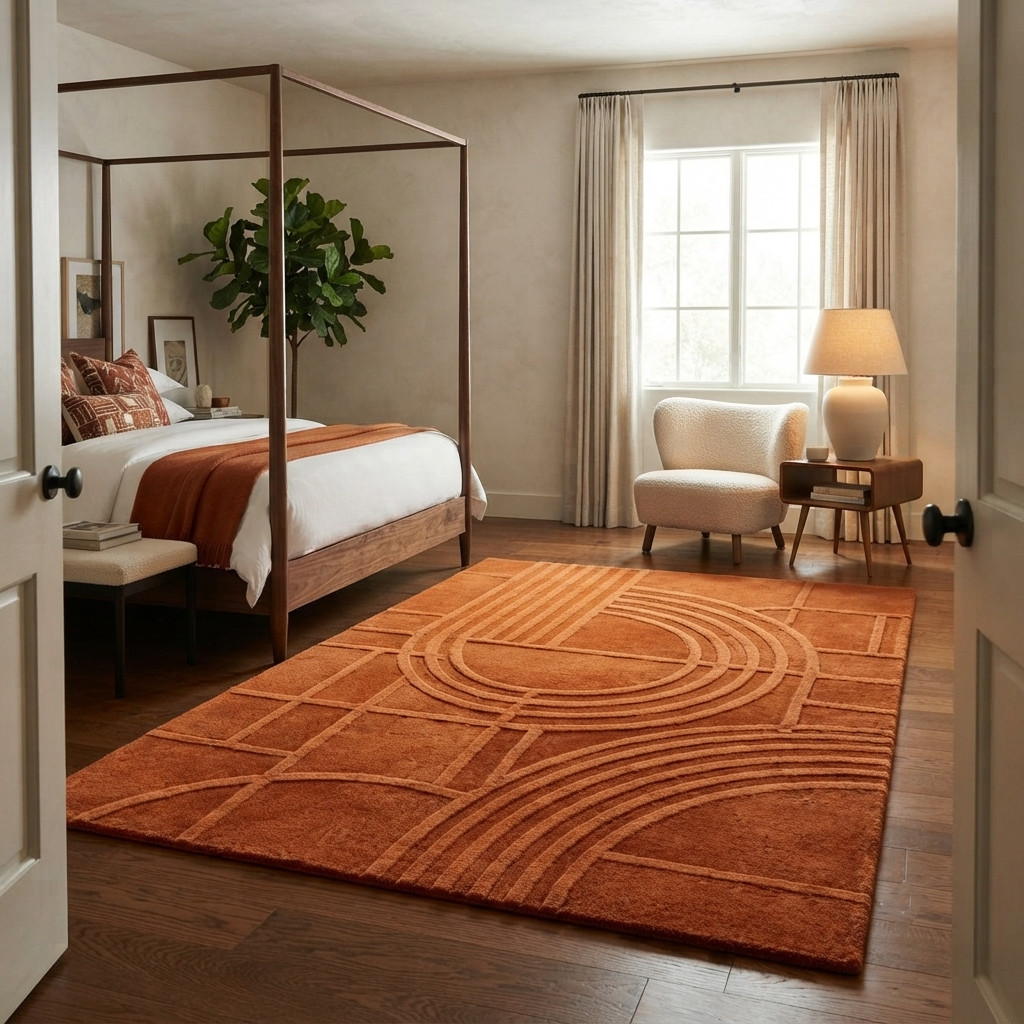 Hand Tufted Wool Area Rug Modern Geometric Terracotta Orange Handmade Carpet