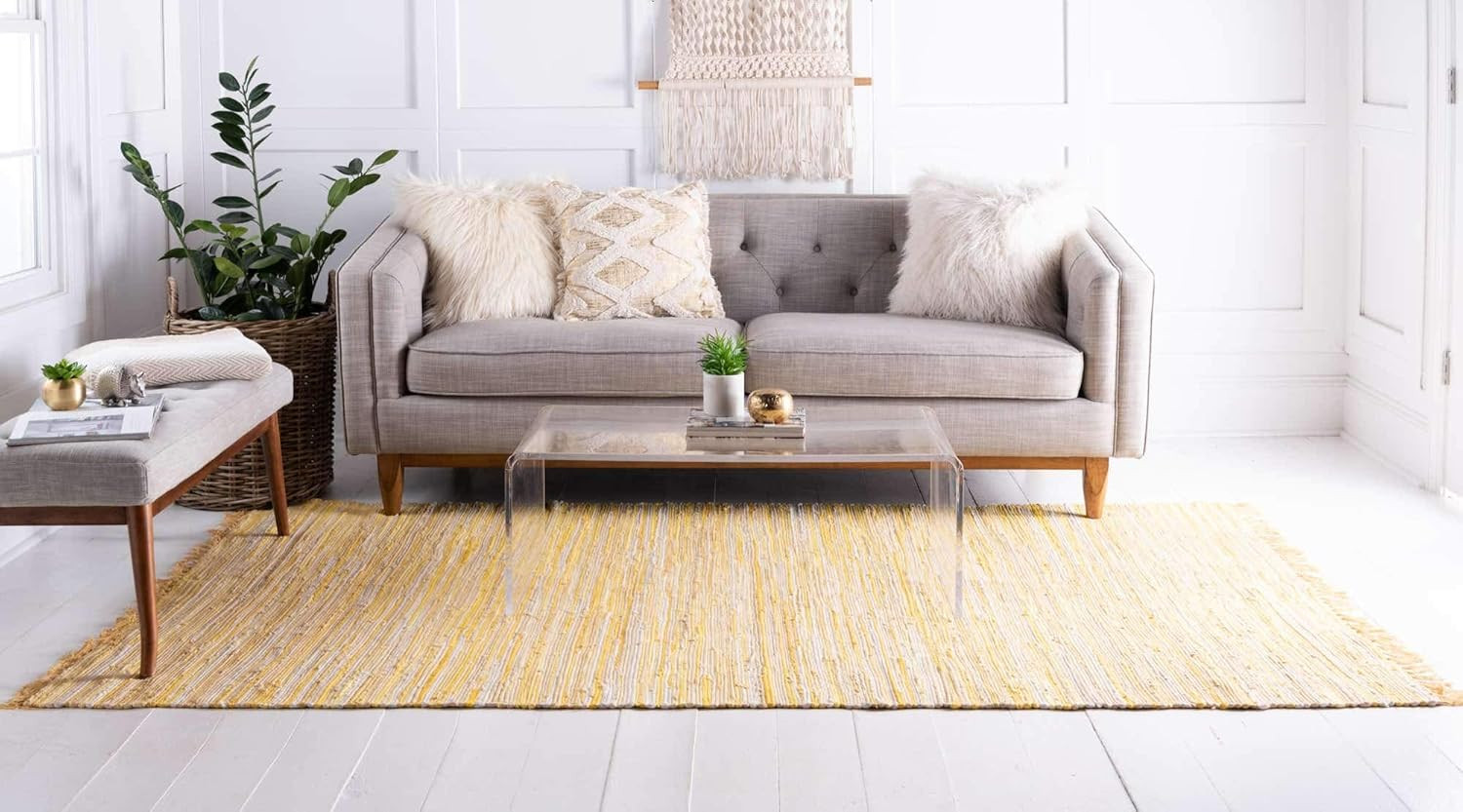 Soft Hand Woven Chindi Cotton Striped Area Rug, 9×12 Ft, Yellow/Ivory