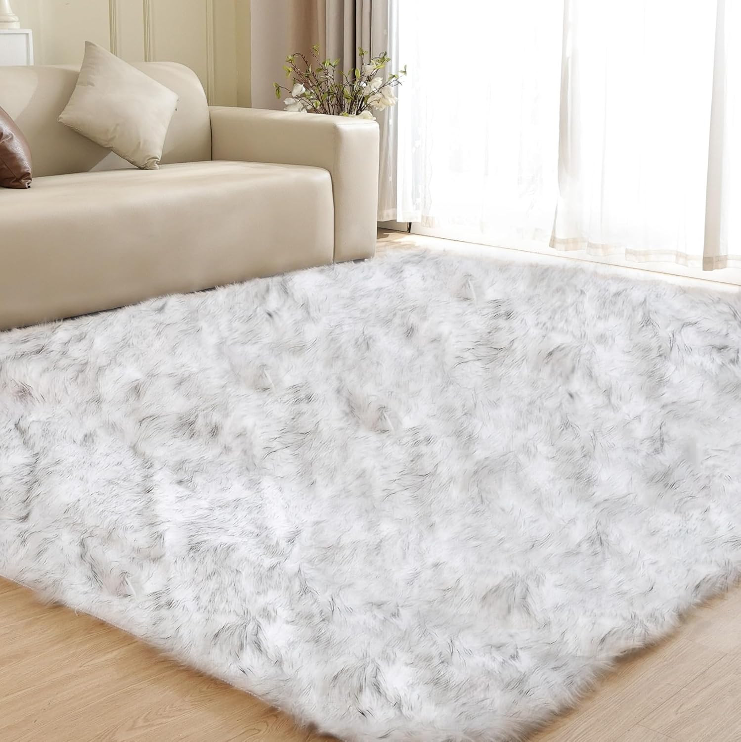 White and Grey Rug 8X10 Area Rugs for Living Room Machine Washable Shag Faux She
