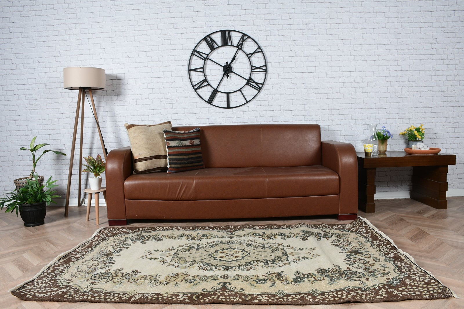 4×6,5 ft Turkish Rug, Brown Floral Vintage Rug Wool