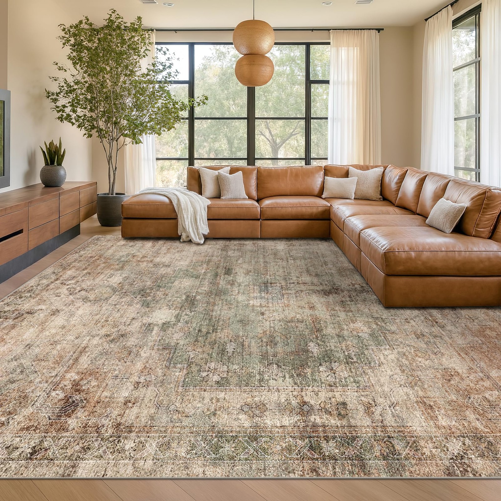 Farmhouse Floor Rugs for Living Room – Brown and Green Dining Room Area Rugs …