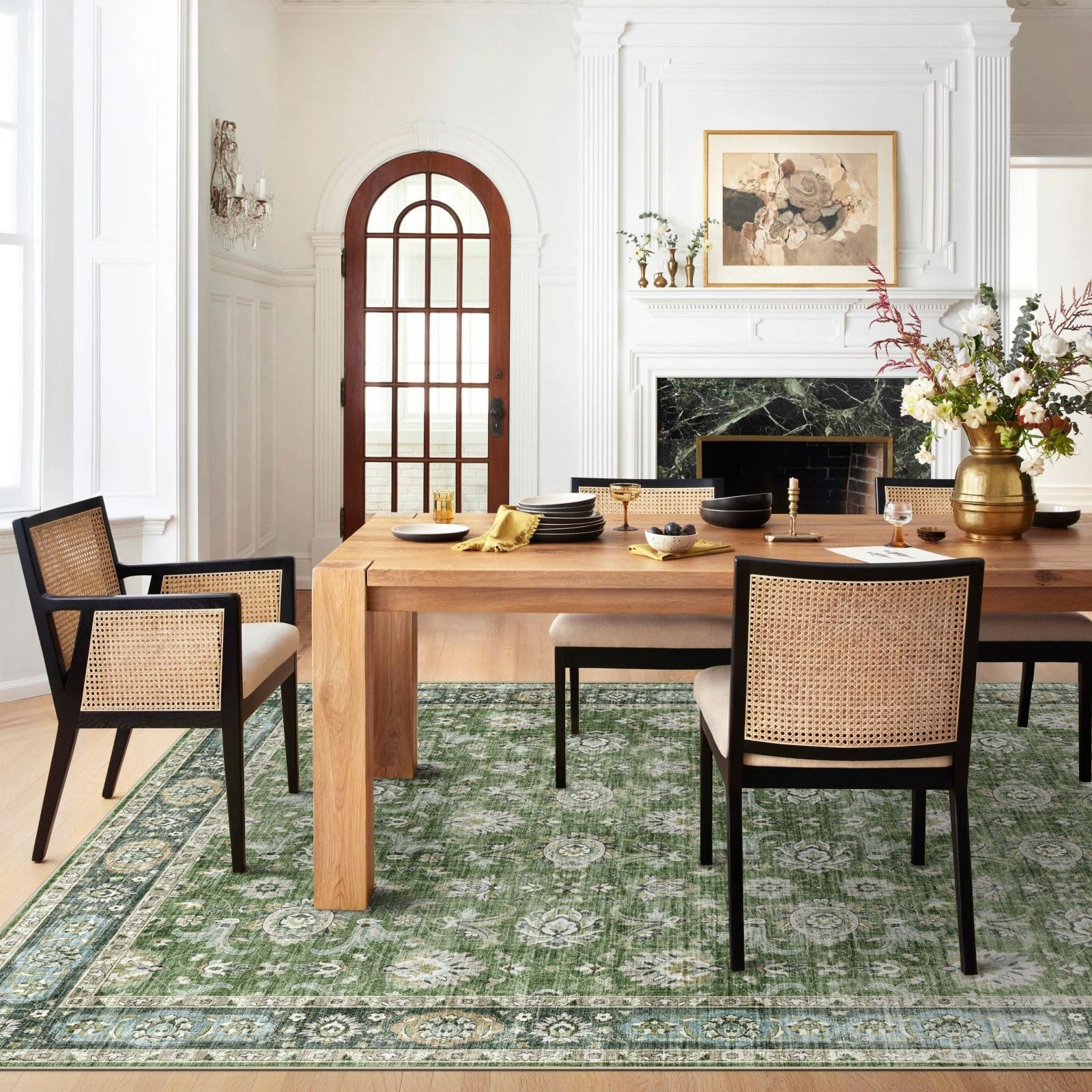 Blissa Washable Area Rug 6X9 – Large Green Living Room Rug Vintage Retro Carpet