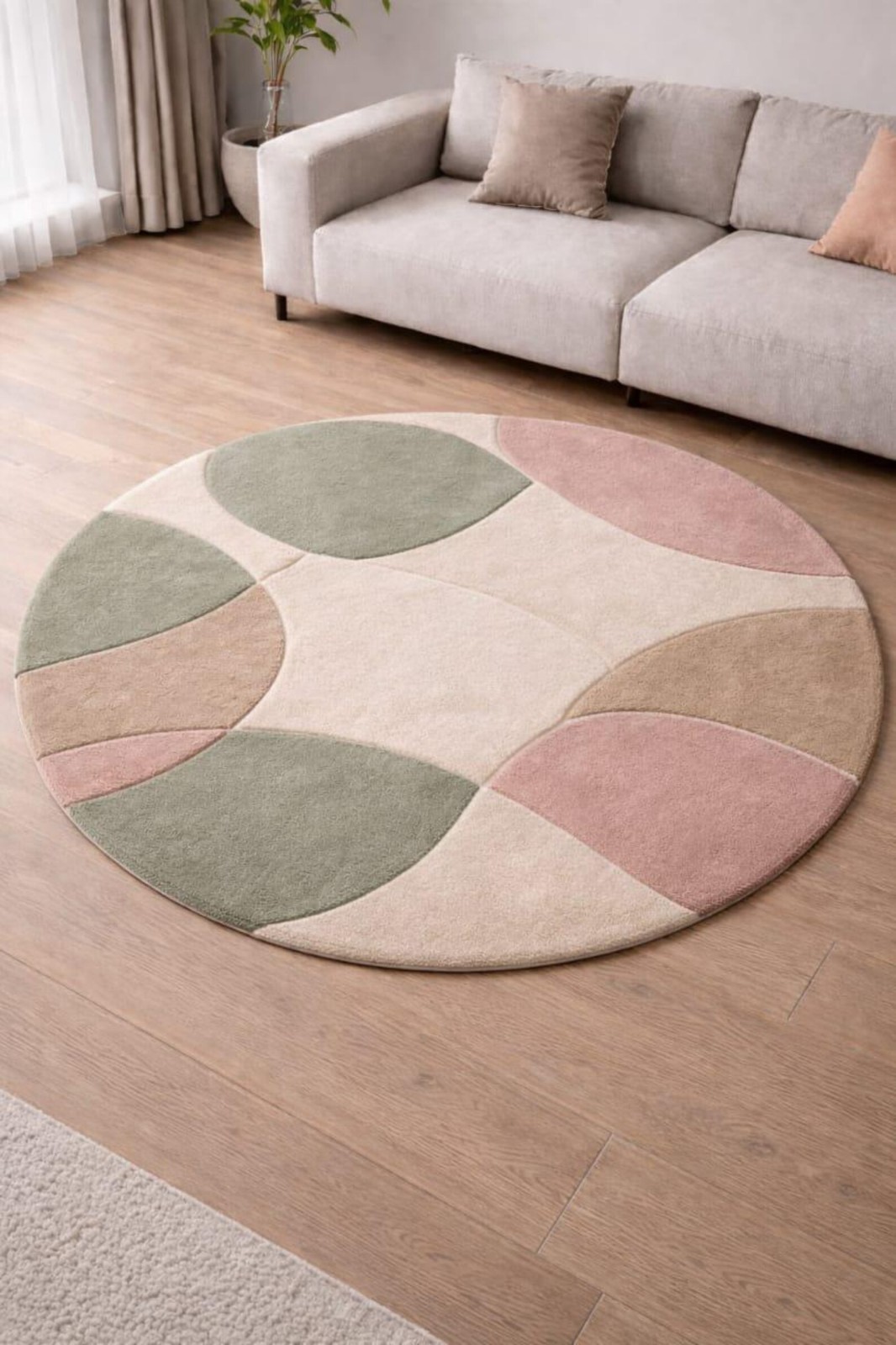 Modern Round Hand Tufted Rug | Pastel Geometric Wool Look Carpet for Living Room
