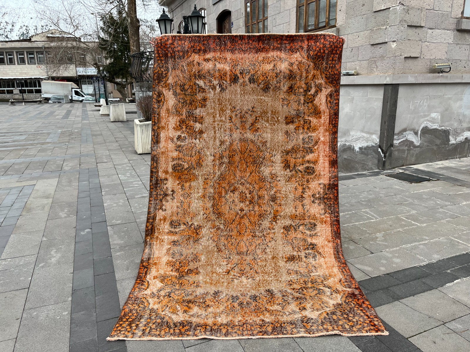 5.4×9.3 Ft Vintage Overdyed Turkish Rug Distressed Oushak Orange Wool 5×9