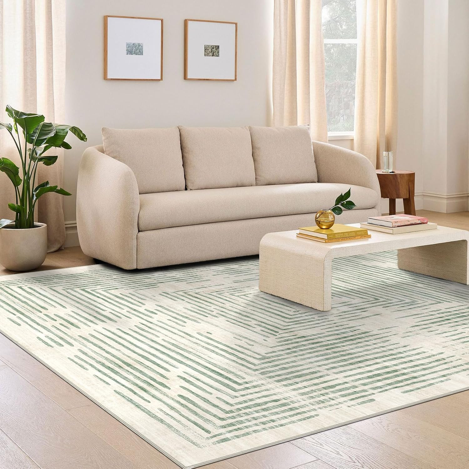 6X9 Area Rugs for Bedroom, Soft Washable Sage Green Lines Borderd Modern Abstrac