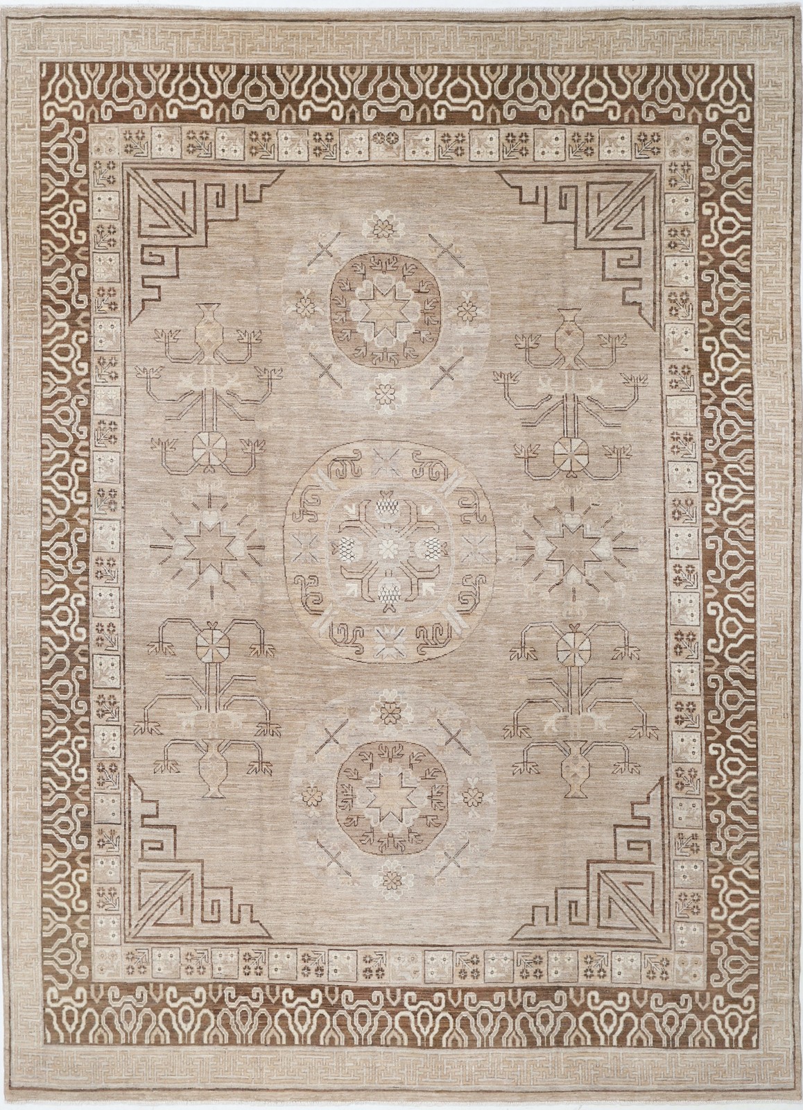 9×12.2 ft Hand Knotted Beige and Brown Area Rug. Tribal Geometric Design Carpet