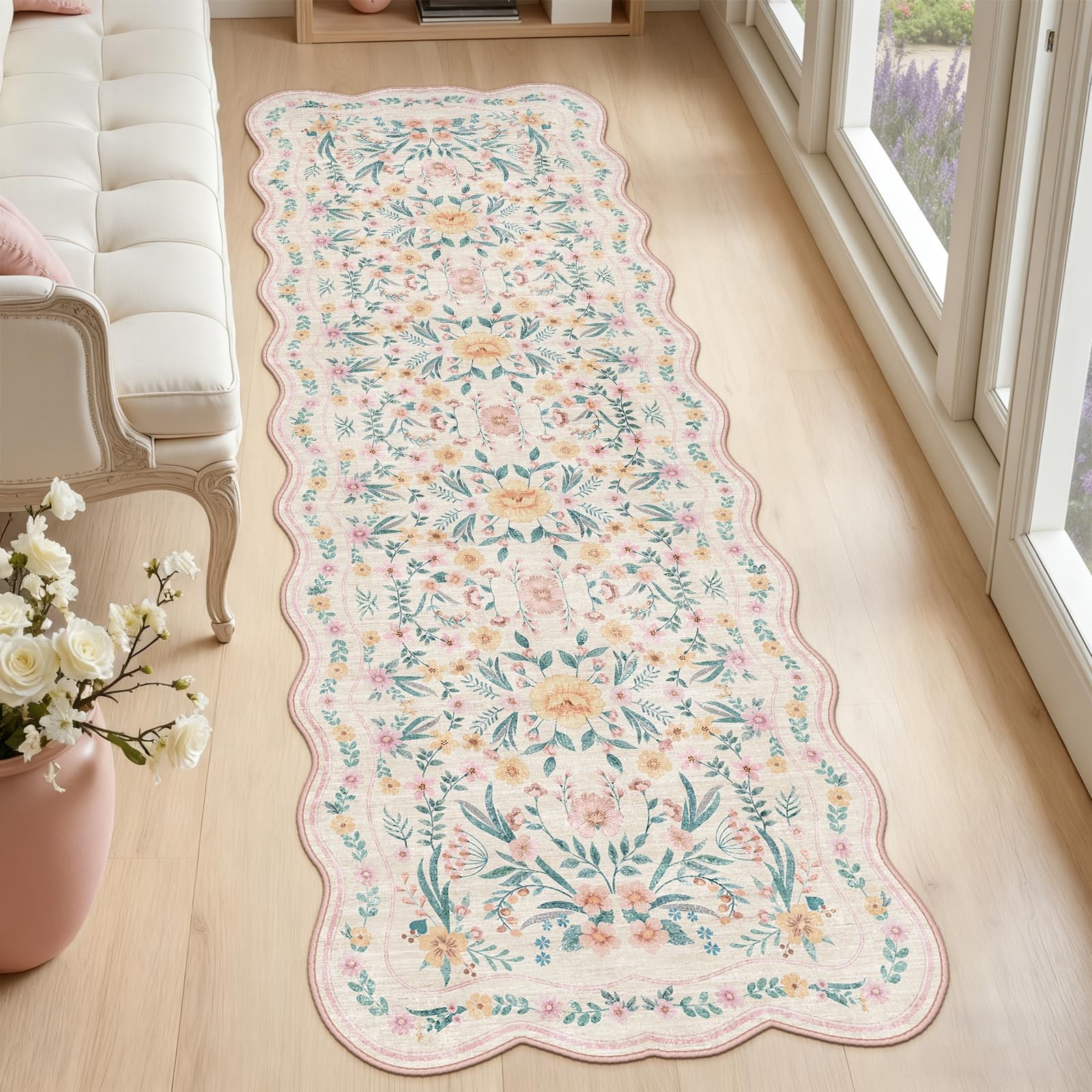 Dadasgk Scalloped Floral Runner Rug 2×6, Pink Washable Non-Slip Boho Hallway …