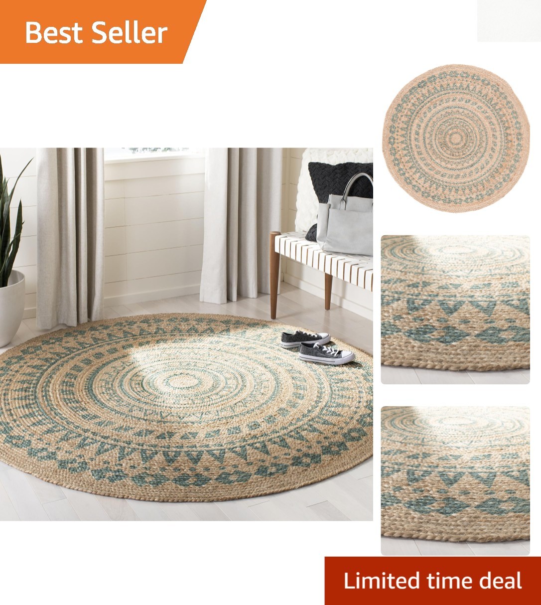 Handmade Aqua Blue & Natural Brown Jute Round Area Rug – 4′ Diameter