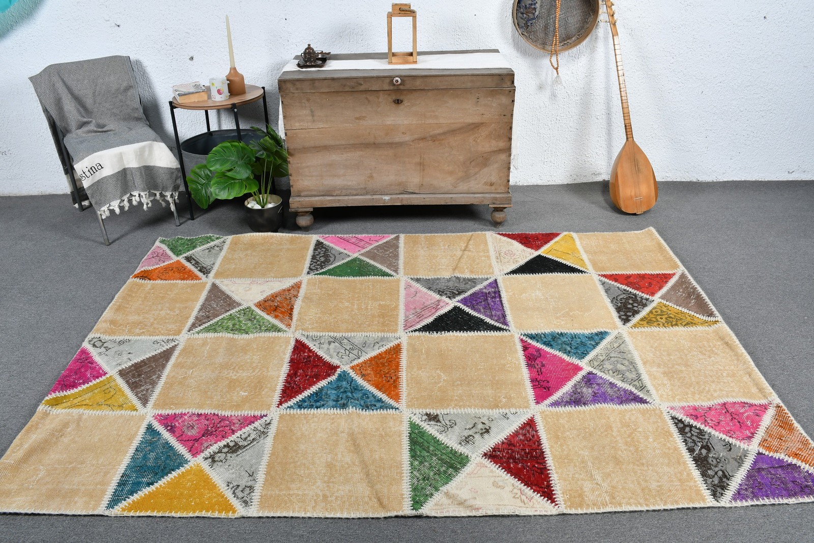 Vintage Rug, Large 5,2×7,7 ft Rug, Yellow Floral Rug