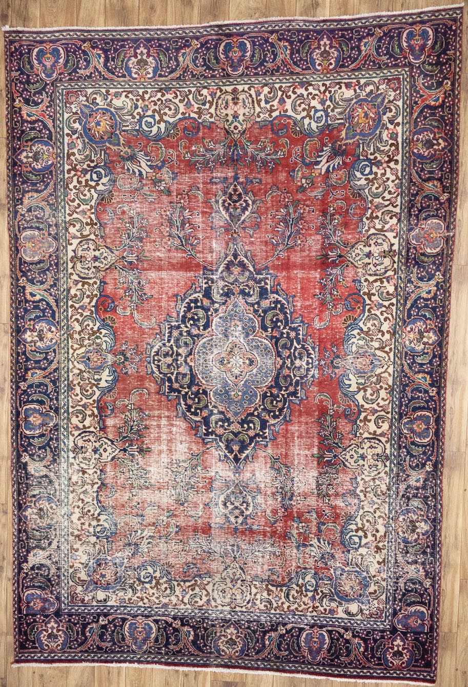 Semi-Antique Distressed Floral Oriental Wool Rug Living Room Carpet 7’1×10’6 Ft