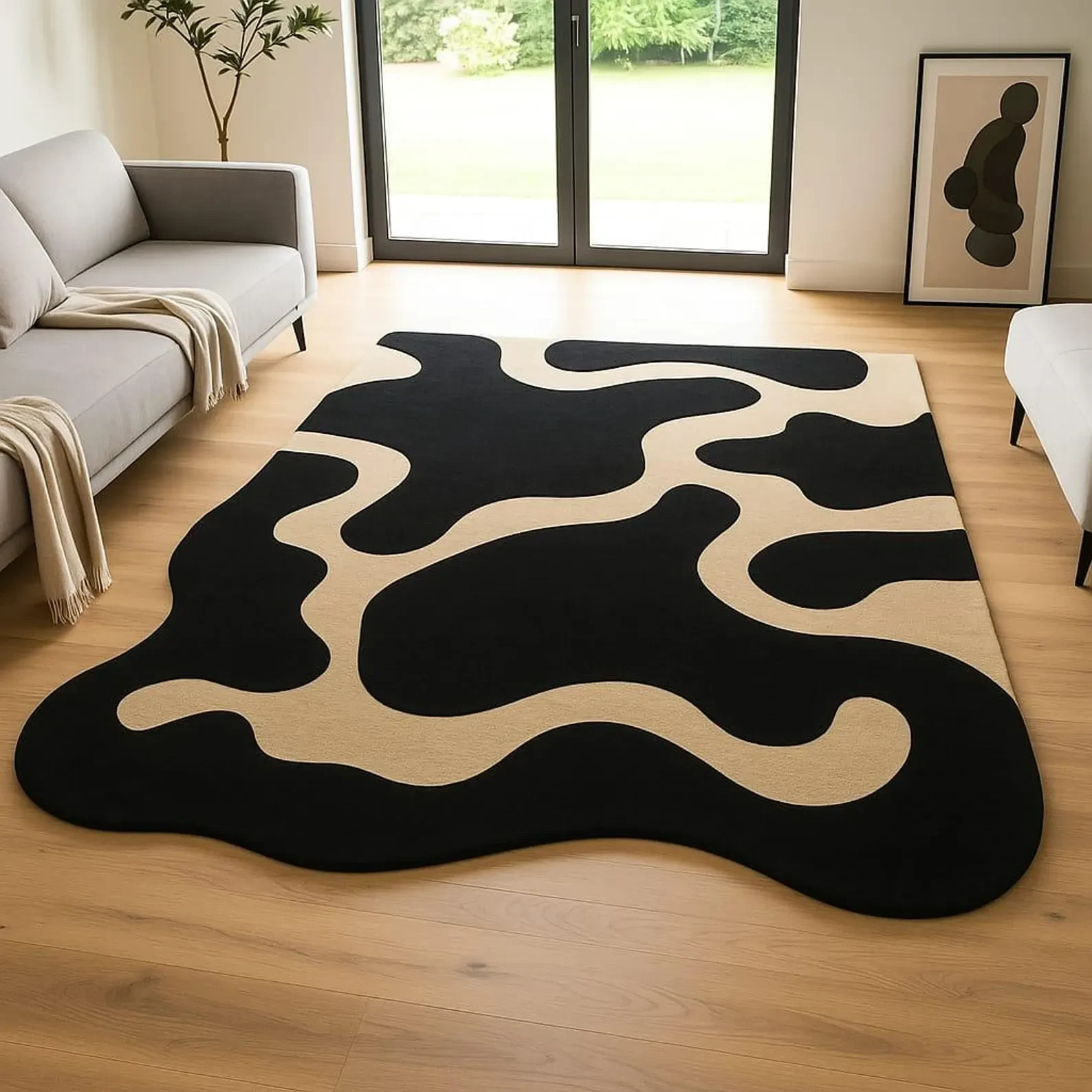 5x8ft Hand Tufted Abstract Rug: Modern Beige & Black Irregular Carp