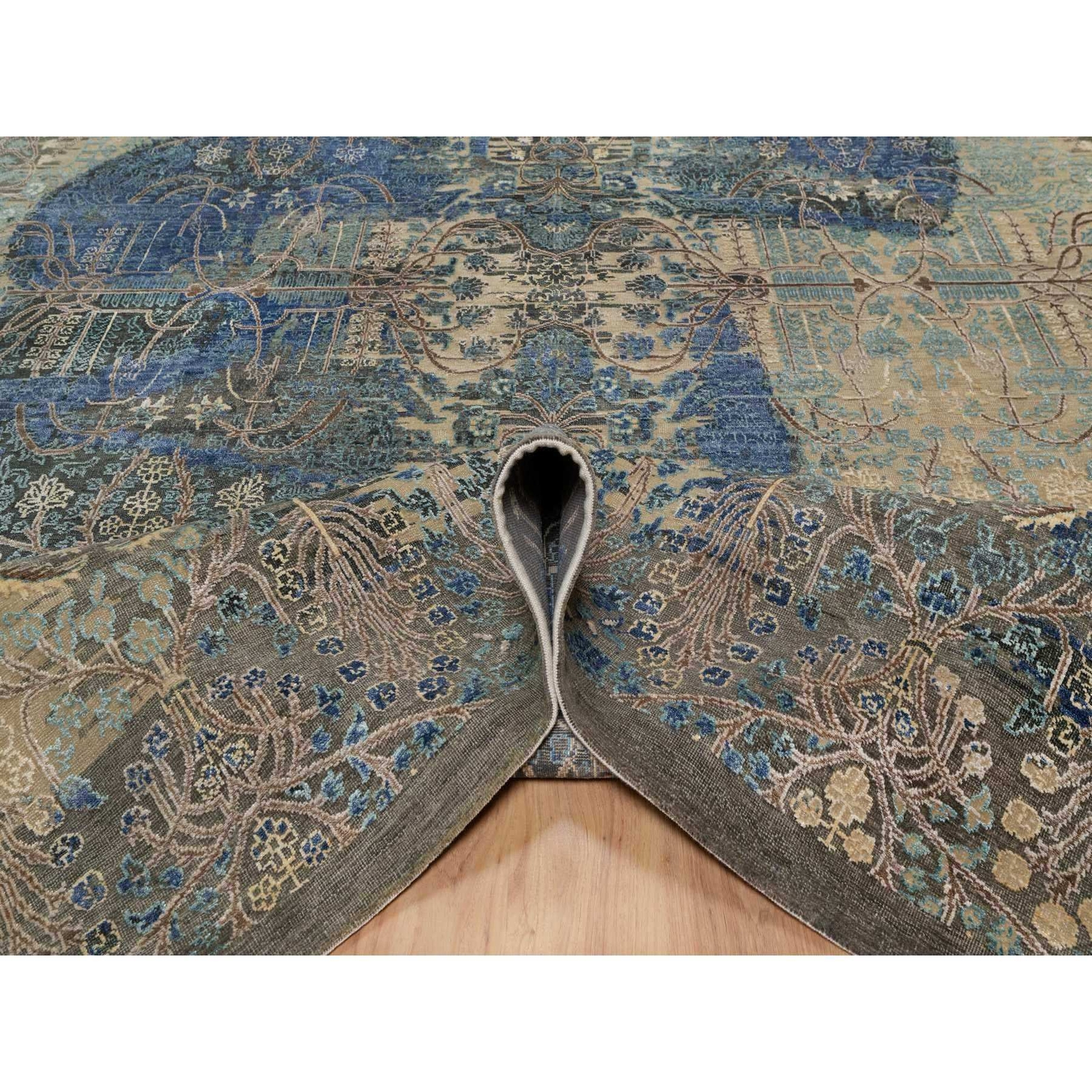 8’10″x12’1″ Brown Wool and Silk Erased Sarouk Design Hand Knotted Rug R91165
