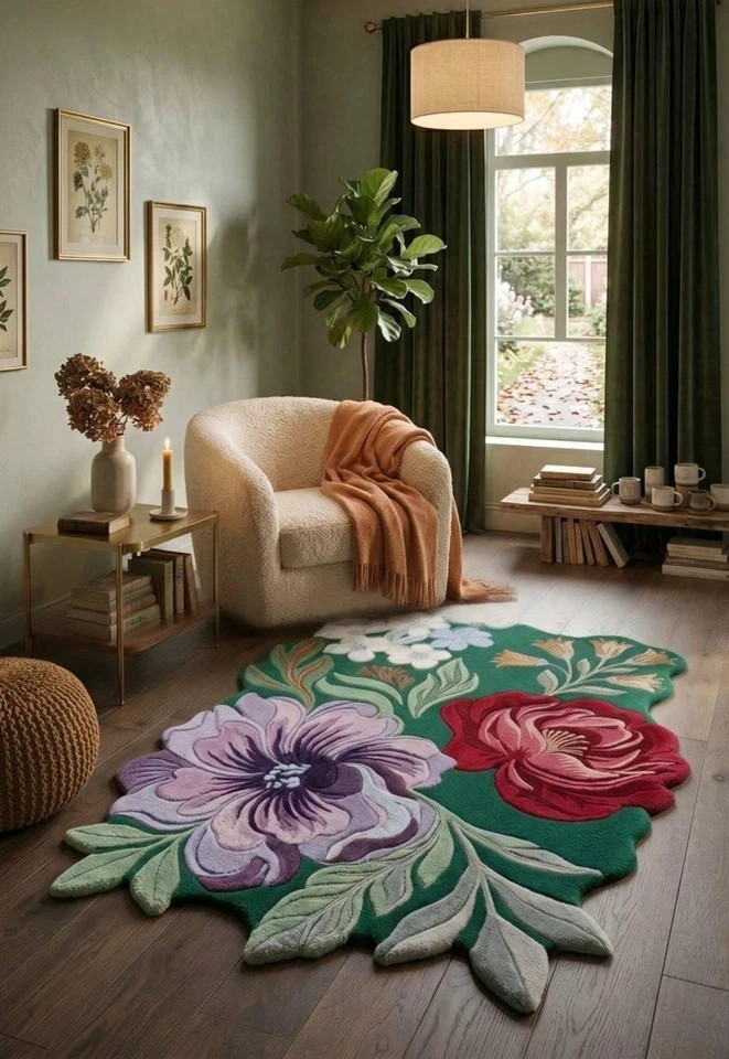 Hand-Tufted Wool Floral Sculptural 3D Peony, Rose, Anemone Botanical Design Rug.