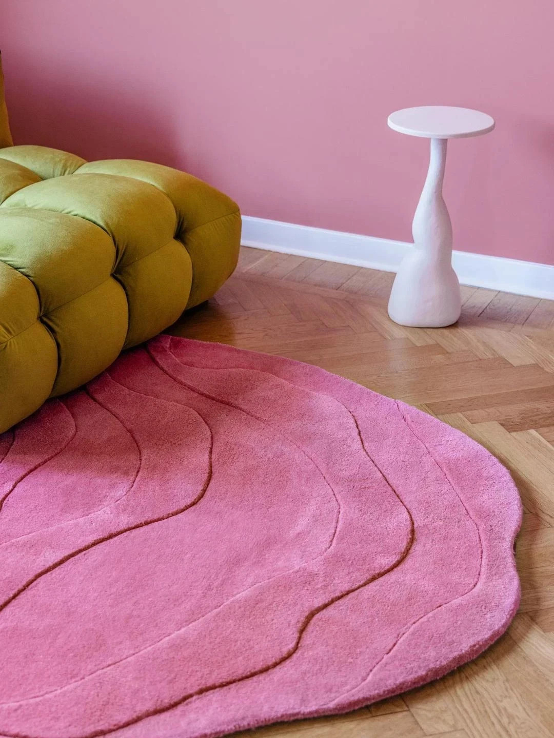 Modern Pink Abstract Hand Tufted Rug | Irregular Shape Wool Designer Area Rug