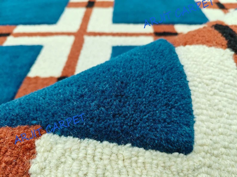 Modern Geometric Hand-Tufted Wool Rug – Bold Grid Pattern Area Living Room