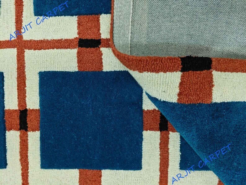 Modern Geometric Hand-Tufted Wool Rug – Bold Grid Pattern Area Living Room