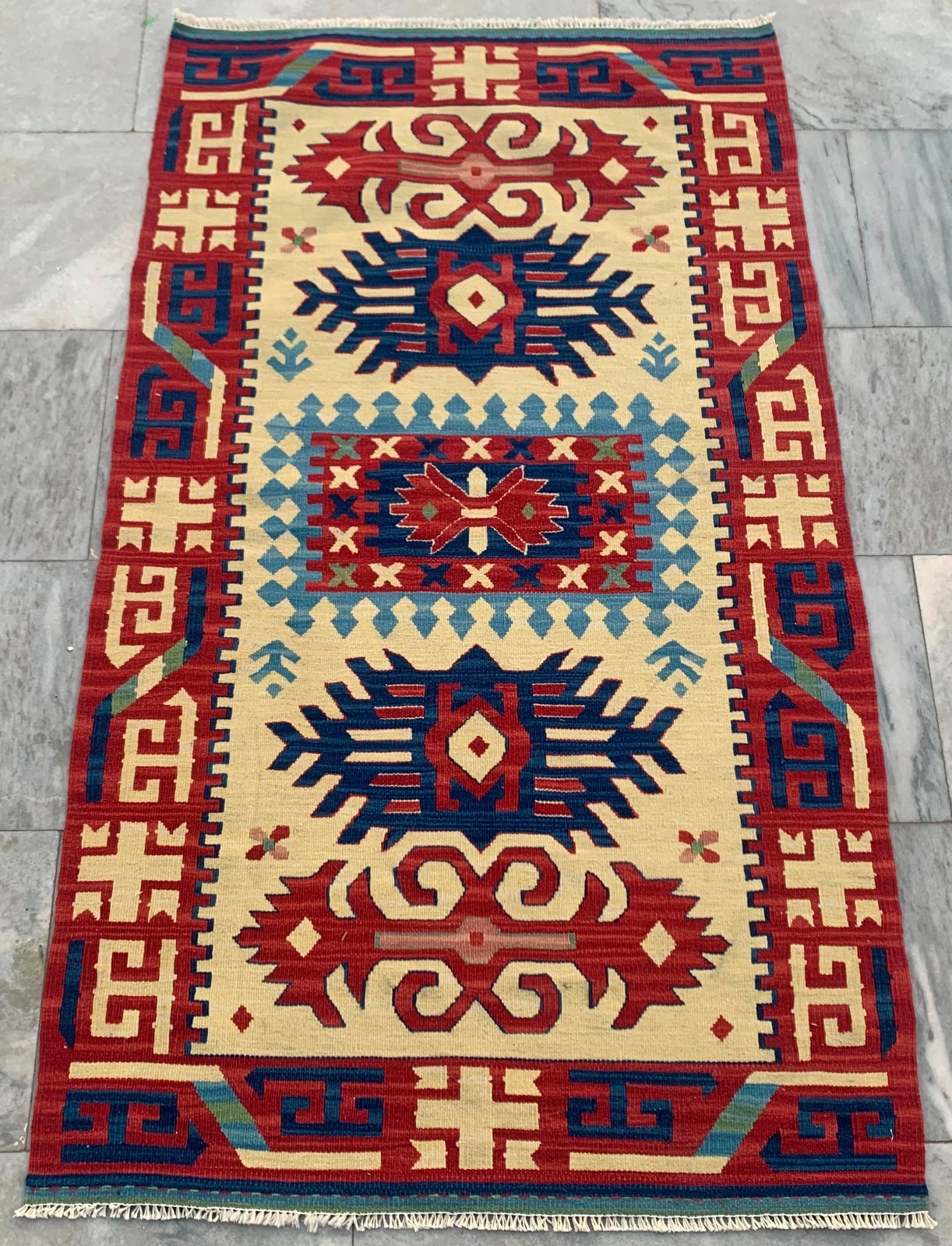 3×5 ft Vintage Turkish Handwoven Kilim Rugs Flatweave Colorful Kilim Bedroom Rug