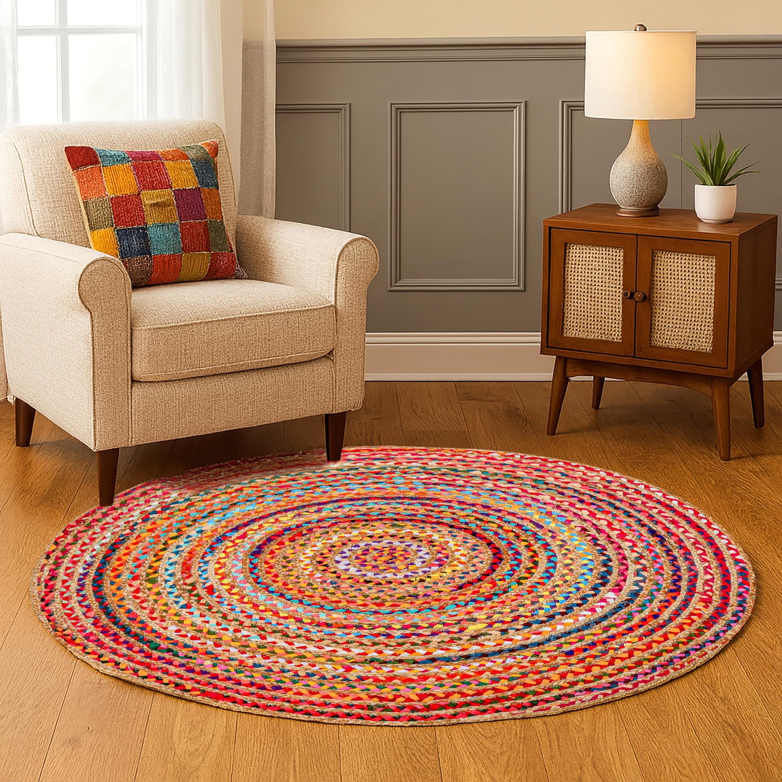 Hausattire Boho Braided Round Rug – Multi Color, 4 ft 4′ (Round), Color