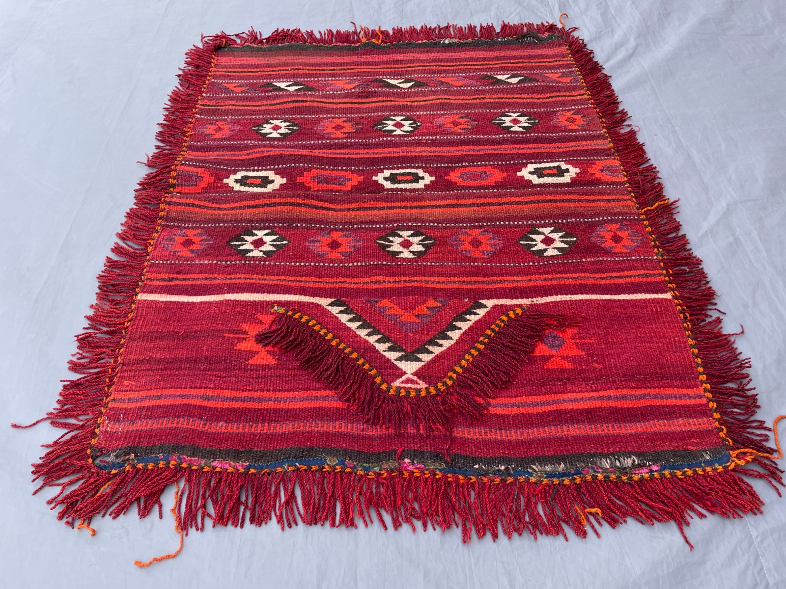 3’2 x 4’2 ft Classic Afghan Kilim – Deep Red Tribal Striped Geometric Flatweave