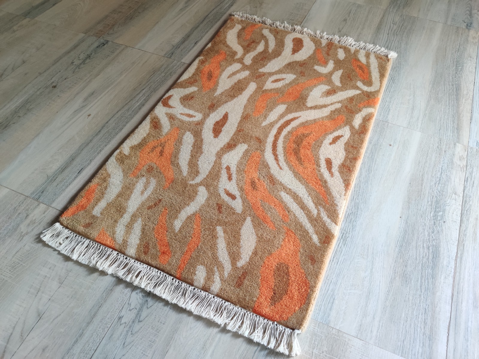2 x 3 Brown Hand Knotted Rug for Kids Teens 100% Wool Animal Print 60×90 cm