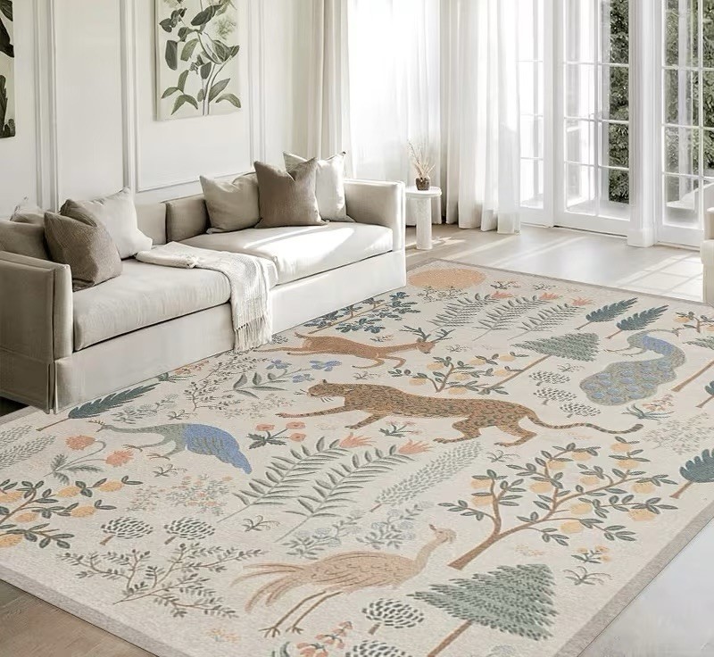 Stunning Bliss Woodland Animal Botanical Jungle Indoor Area Rug 6’8” x 10’ Cream