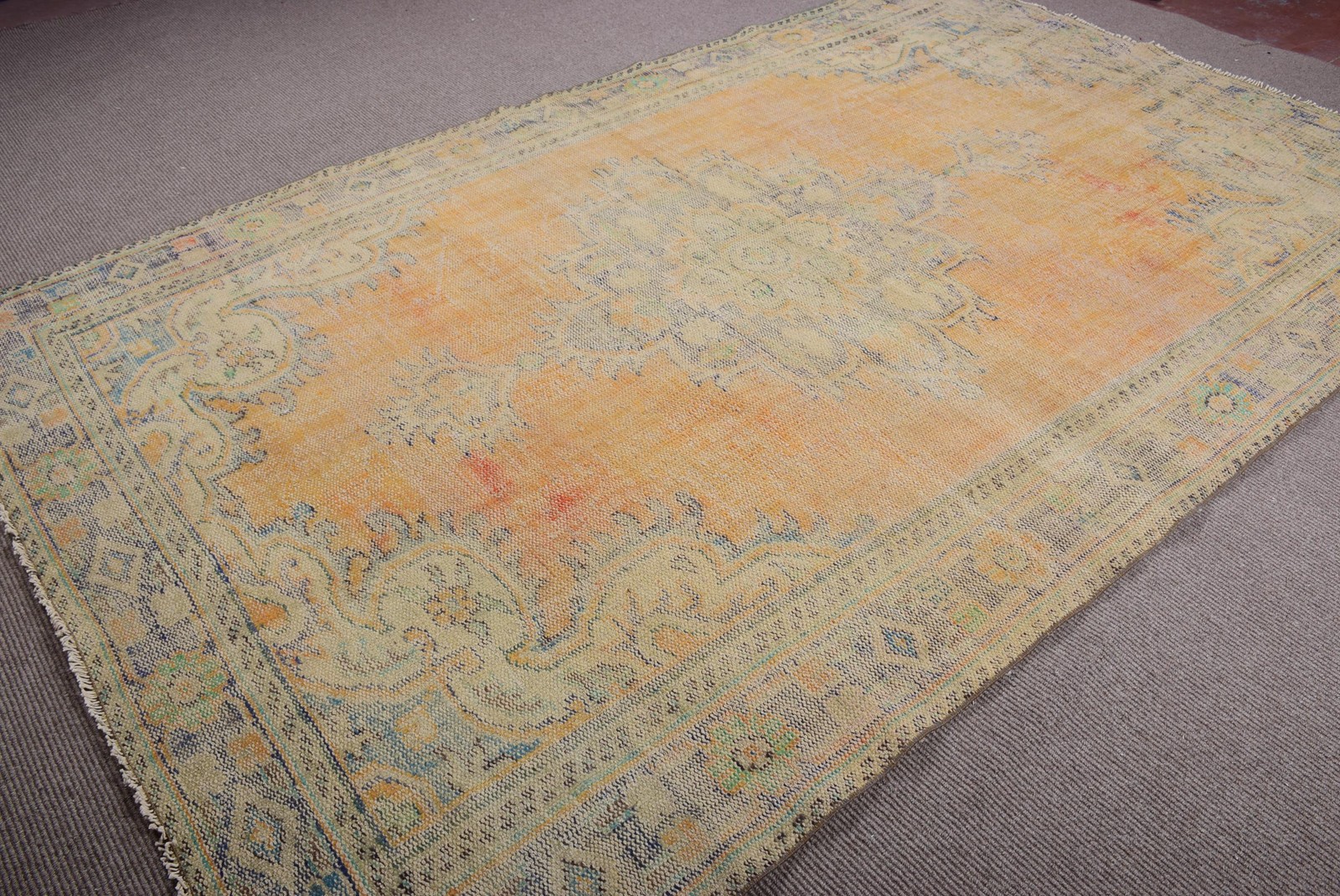 6,46×10,4 ft Turkish Vintage Rug, Large Rug, Yellow Blue Striped Wool Rug