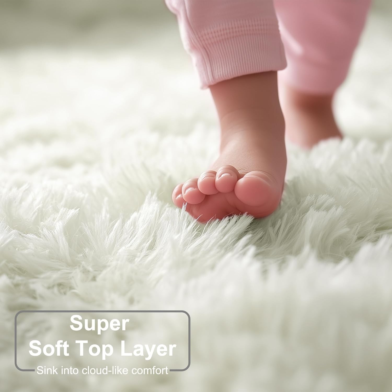 Ivory White Large Round Rug 8Ft for Kids Bedroom Aesthetic, Fluffy Fuzzy Furry