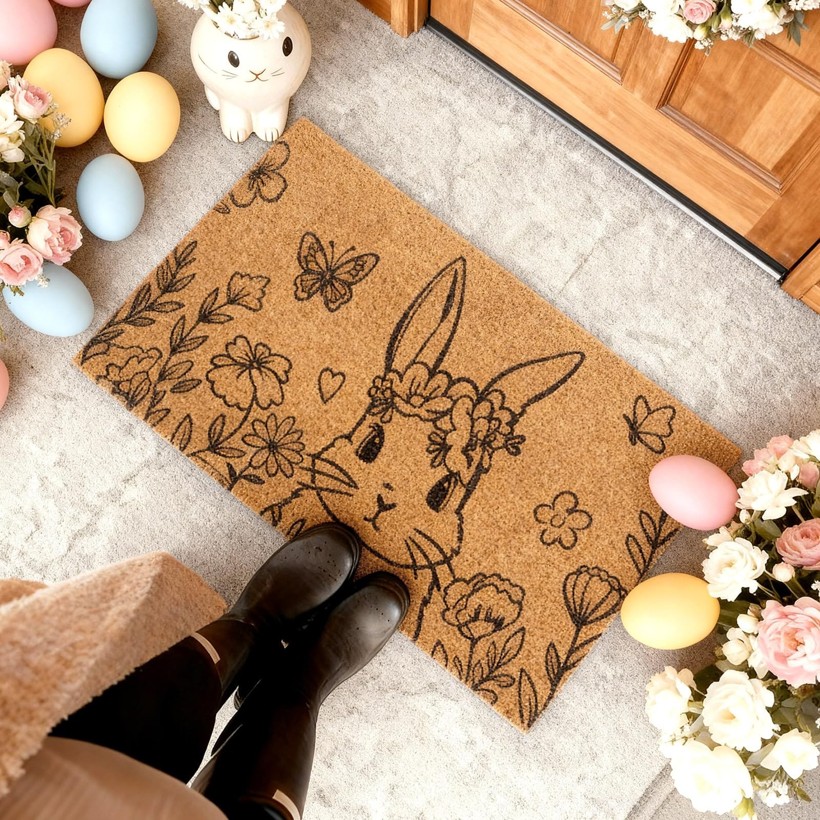 Easter Bunny Coir Doormat Outdoor Easter Welcome Door Mat Spring Floral Bunny…