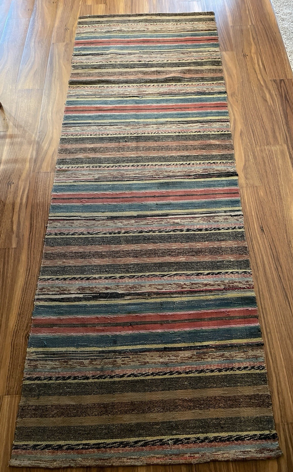 VTG Handmade Woven MCM Rag Rug 89×31 Farmhouse Country Blue Red Black Brown