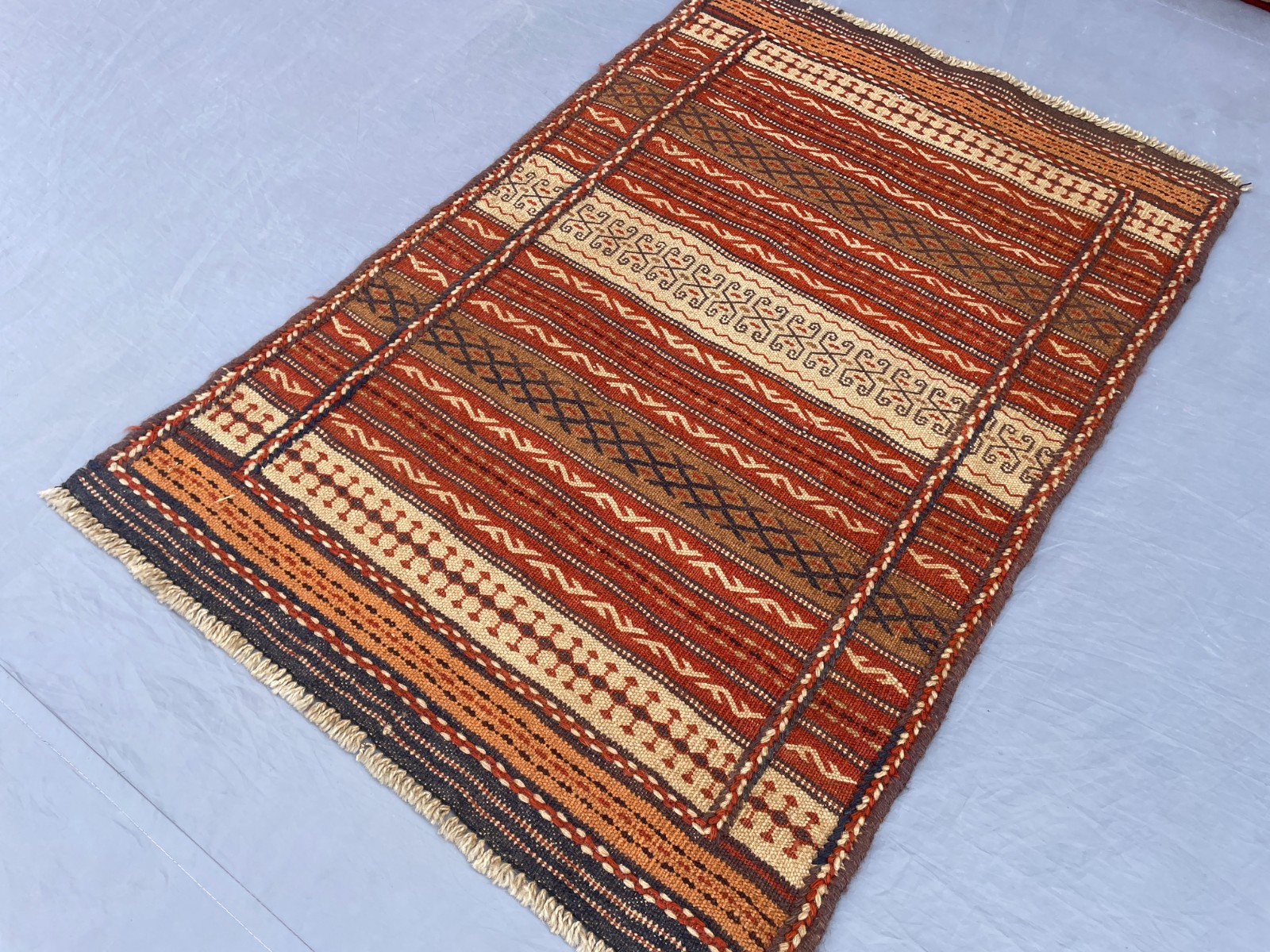 2×3 Handwoven Afghan Kilim Rug Tribal Wool Flatweave with Hooked Motifs N Stripe