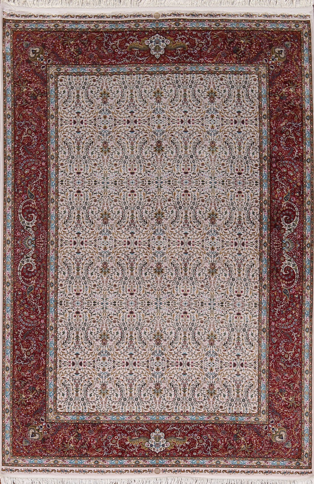 90% Silk Floral Ivory/ Burgundy Traditional Turkish Rug Oriental Carpet 5’x8′