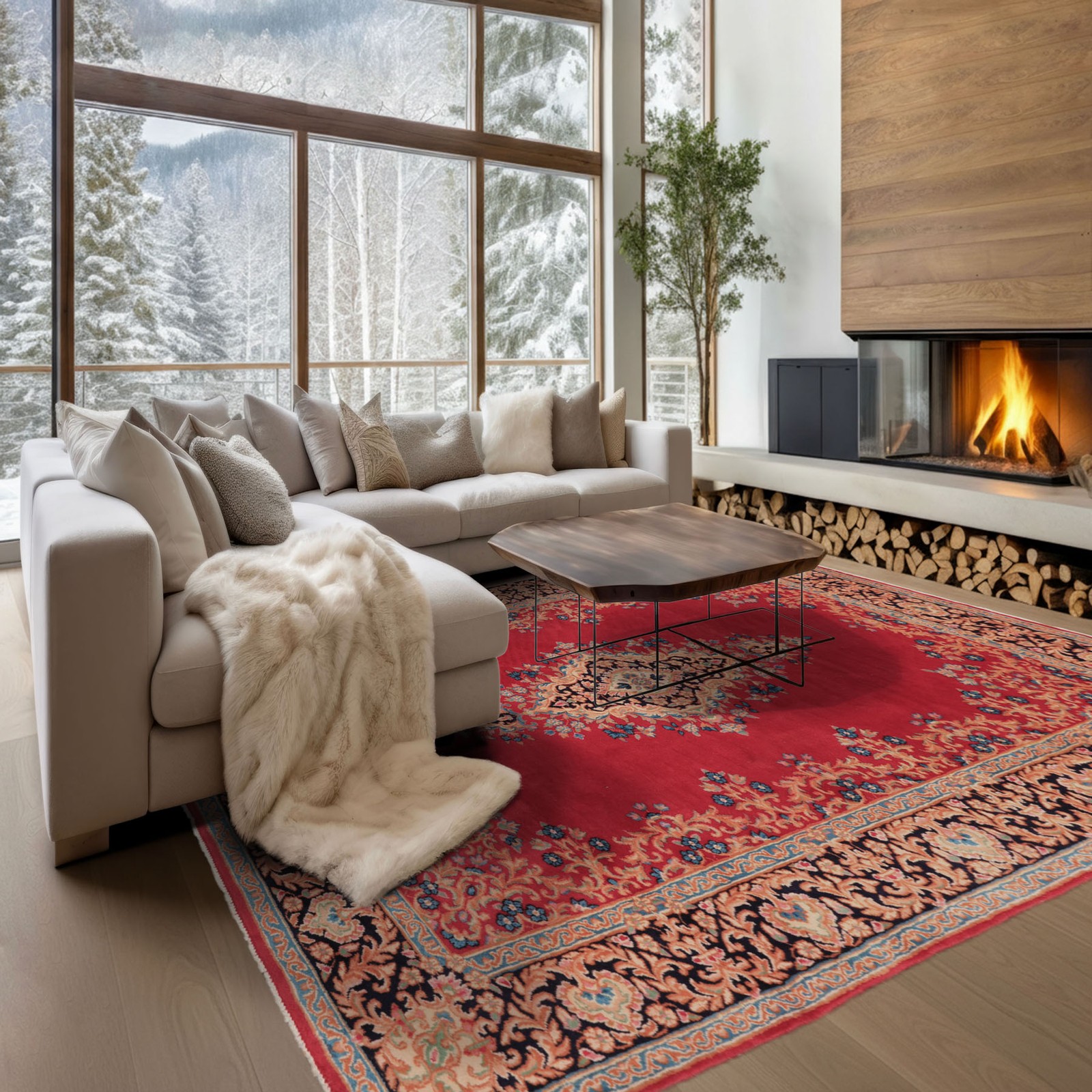 6’10”x9’11” Hand Knotted Wool Red Navy Kermaan Vintage Vegetable dyes Rug