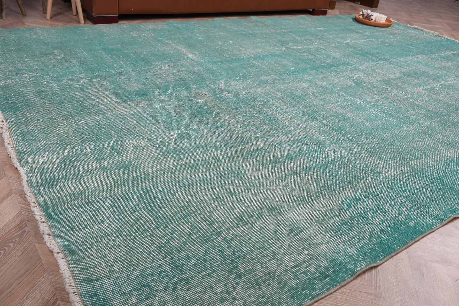 Vintage Turkish Oversize Rug 6,9×10,3 ft, Blue White Polka dot Rug