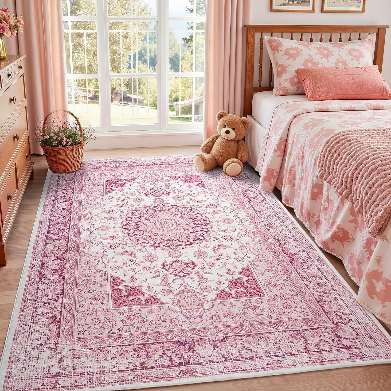 5X7 Bright Pink Area Rug for Living Room, Machine Washable Rugs with Non-Slip Ba