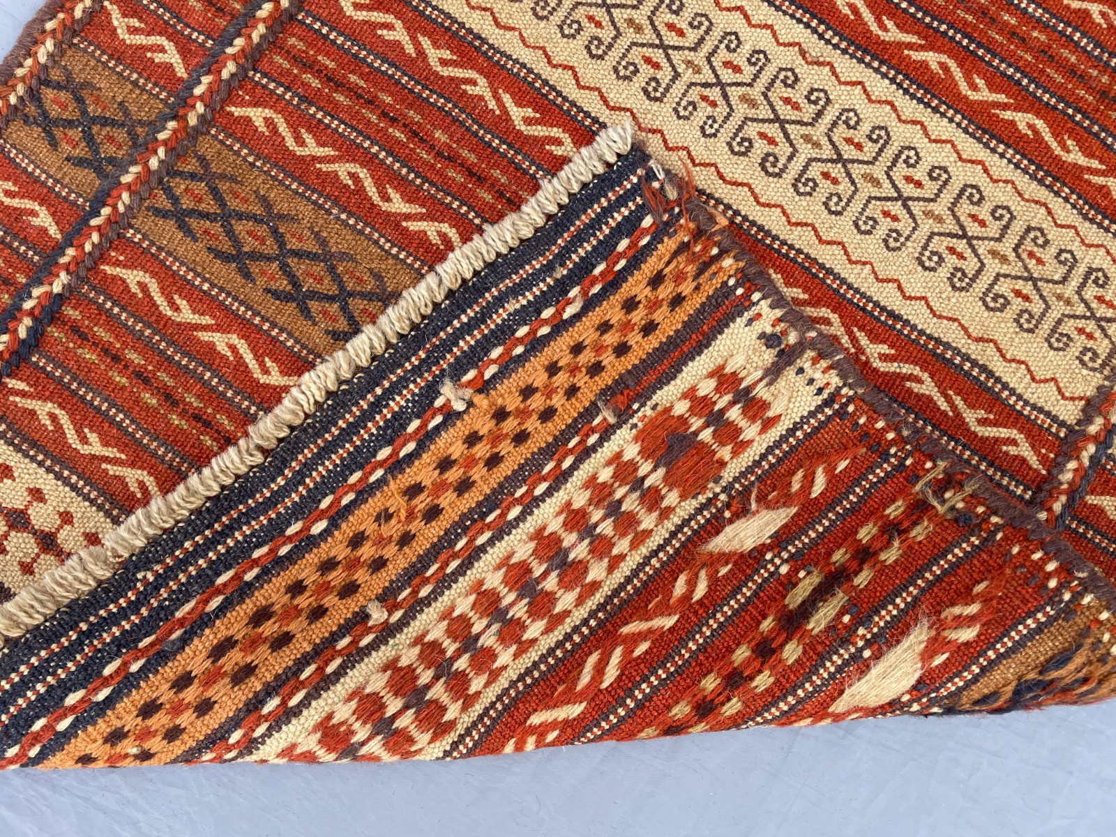 2×3 Handwoven Afghan Kilim Rug Tribal Wool Flatweave with Hooked Motifs N Stripe